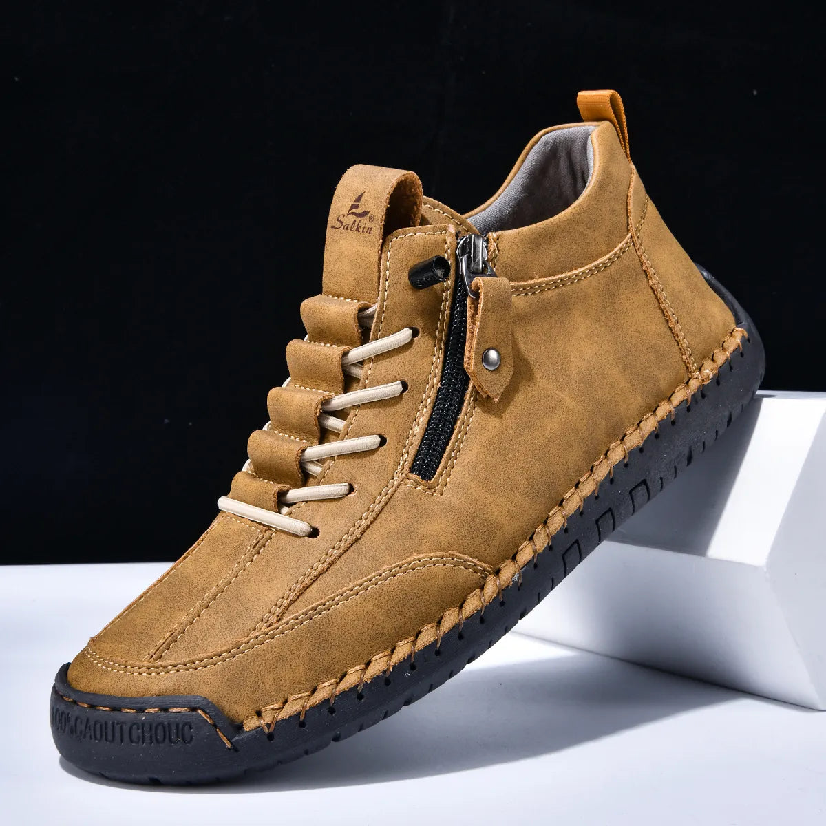 (⏰LAST DAY-70% OFF🛒)Men’s Outdoor Casual Leather Boots – First Layer Cowhide, Wide Toe, Arch Support, Zipper & Slip-On, Comfortable for Walking & Driving